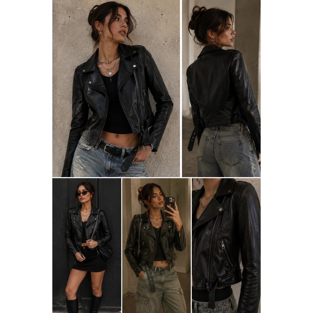 Elodie Cropped Faux Leather Moto Jacket Black Biker Grunge Minimalist S